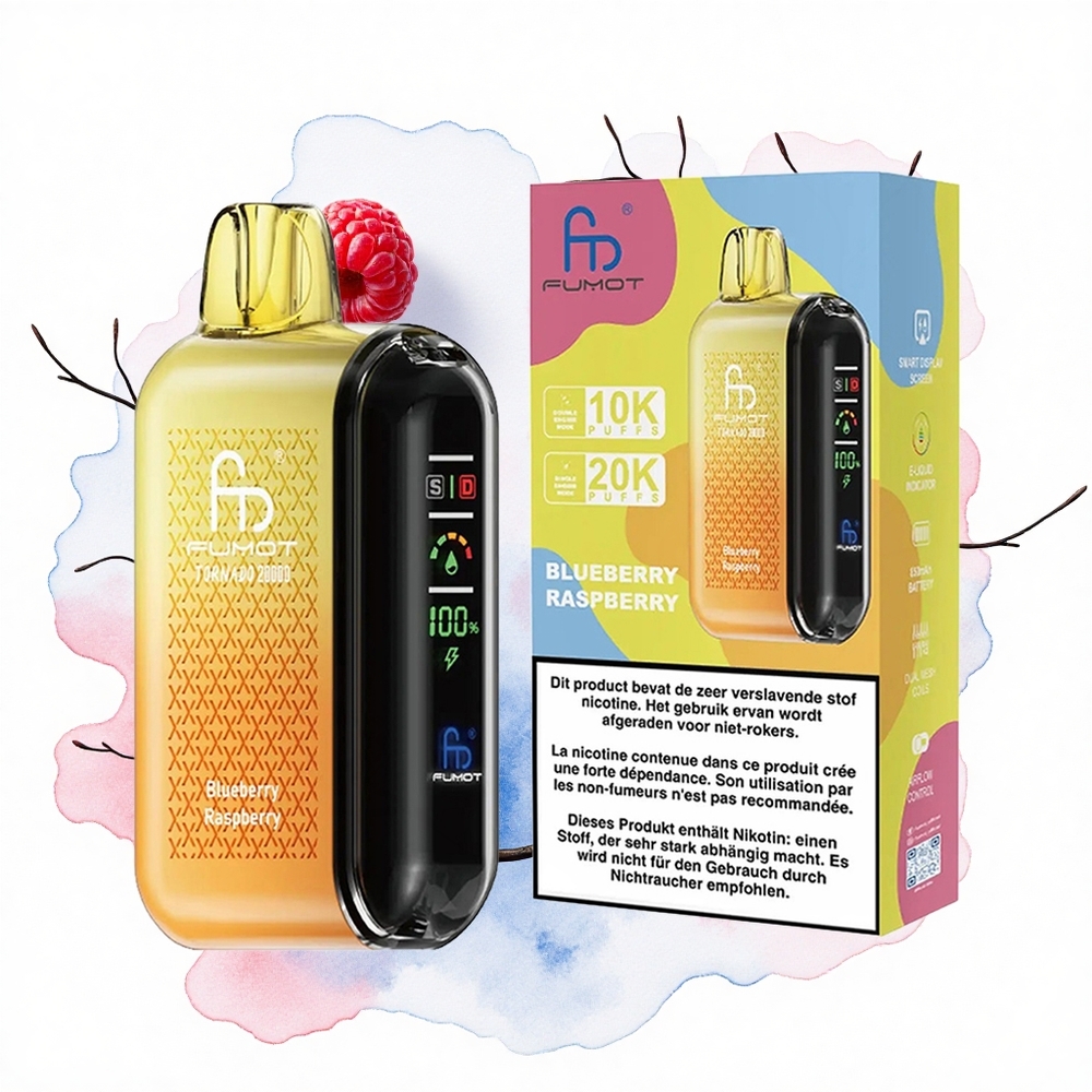 Fumot Tornado 20000 Puffs Arándano Frambuesa Dual Malla 20ml Pantalla Inteligente