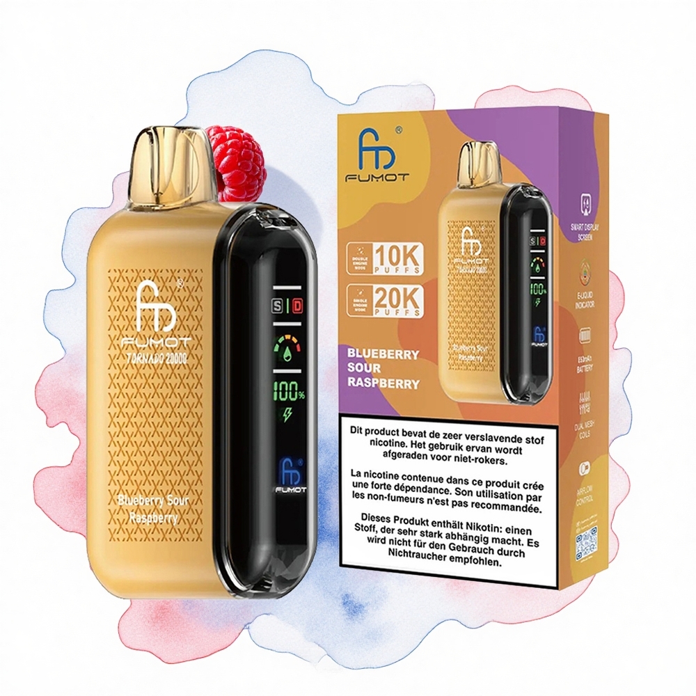 Fumot Tornado 20000 Puffs Frambuesa Ácida Arándano Dual Malla 20ml Pantalla Inteligente