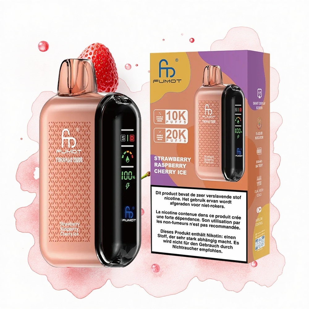 Fumot Tornado 20000 Puffs Fresa Frambuesa Cereza Hielo con Batería Recargable y Control de Flujo de Aire
