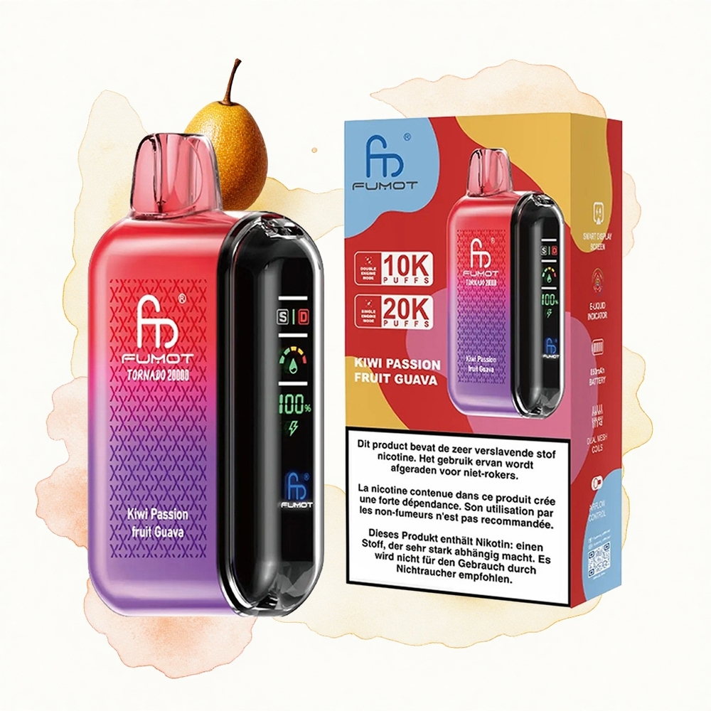 Fumot Tornado 20000 Puffs Kiwi Maracuyá Guayaba con Batería Recargable y Control de Flujo de Aire