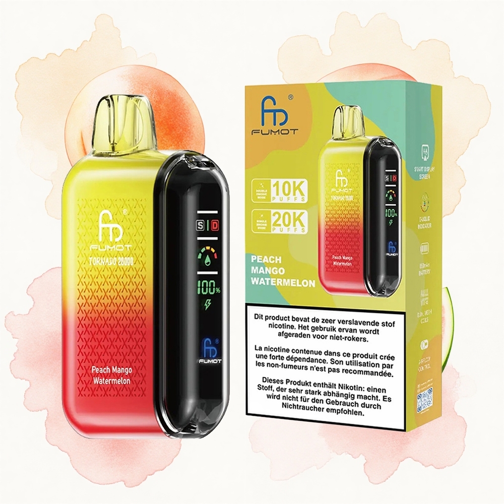 Fumot Tornado 20000 Puffs Melocotón Mango Sandía con Batería Recargable y Control de Flujo de Aire