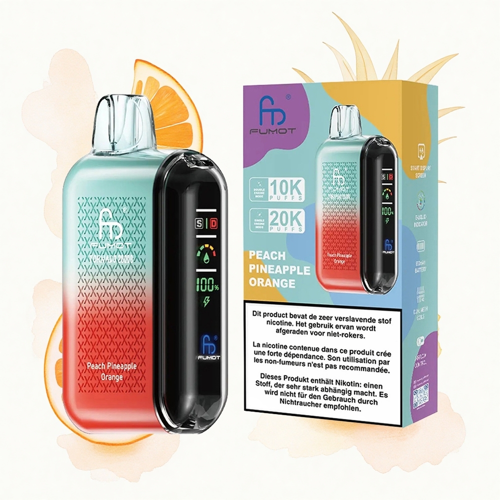 Fumot Tornado 20000 Puffs Melocotillo Piña Naranja con Doble Malla y Pantalla Inteligente