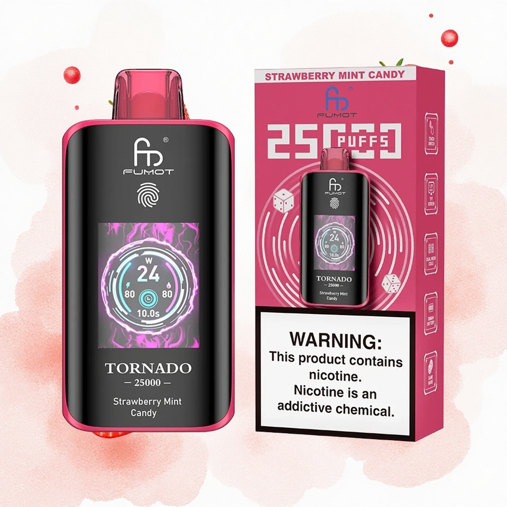 Fumot Tornado 25000 Puffs Caramelo de Fresa Menta con Pantalla HD y Batería Recargable