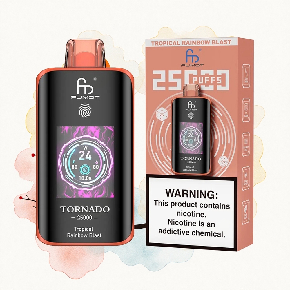 Fumot Tornado 25000 Puffs Explosión Arcoíris Tropical con Pantalla HD, Batería Recargable y Carga Tipo-C