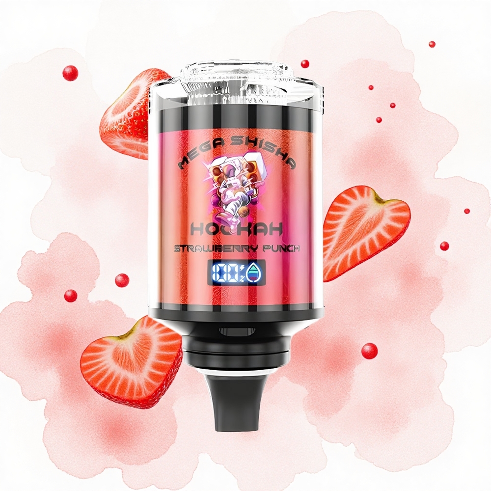 JNR Mega Shisha Hookah 100K Fresa Golpeada con Pantalla Inteligente y Carga Rápida
