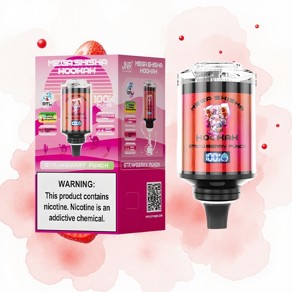 JNR Mega Shisha Hookah 100K Fresa Golpeada con Pantalla Inteligente y Carga Rápida