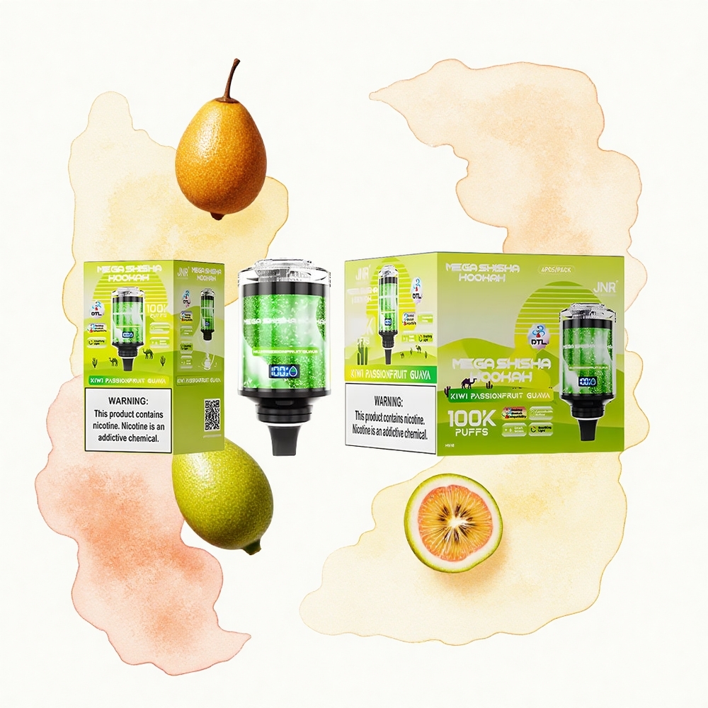 JNR Mega Shisha Hookah 100K Pasión de Kiwi y Guayaba con Pantalla Inteligente y Carga Rápida