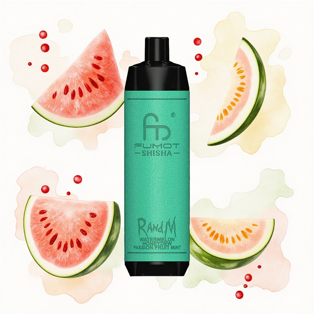 RandM Fumot Shisha 10000 Puffs Sandía Melón Verde Fruta de la Pasión Menta con LED y Tipo-C 0.5% Nicotina