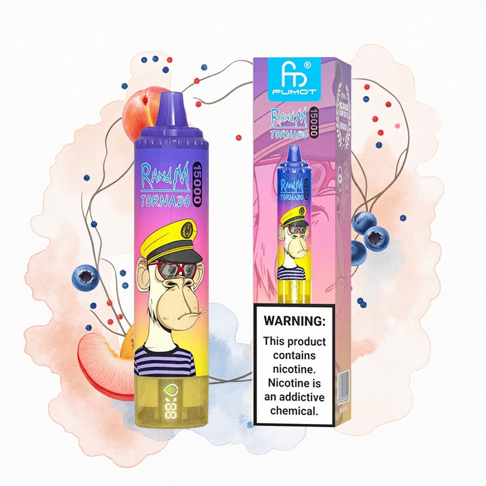 RandM Fumot Tornado 15000 Puffs Dulce de Durazno y Arándano con Pantalla LCD y Tipo-C Recargable