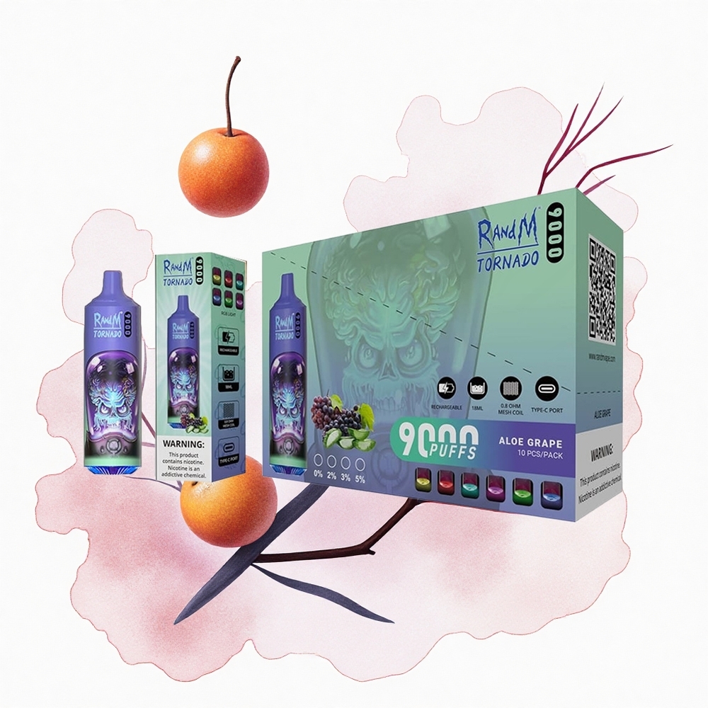 RandM Fumot Tornado 9000 Puffs Aloe Uva con Pantalla RGB y Bobina de Malla