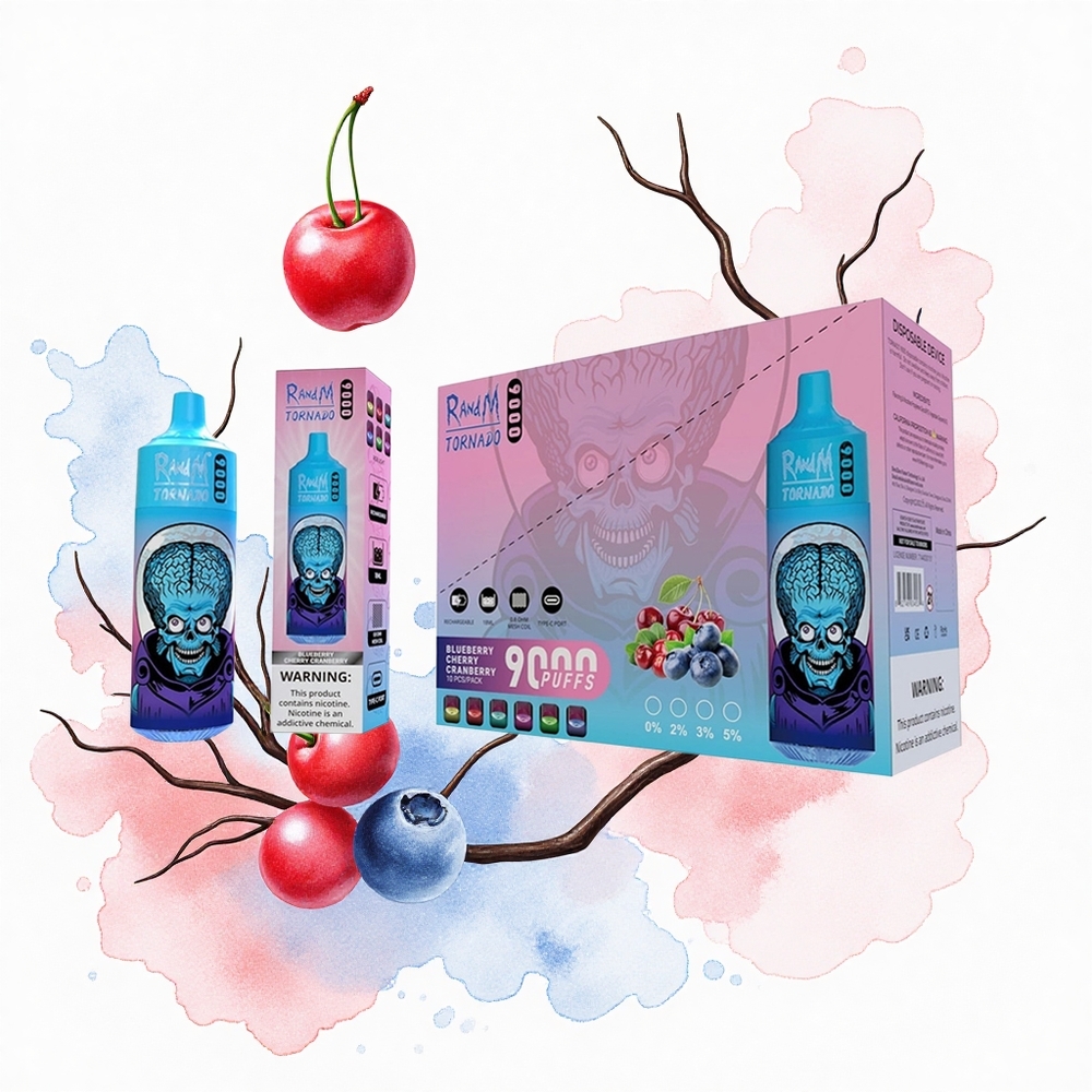 RandM Fumot Tornado 9000 Puffs Arándano Cereza Arándano Azul con Pantalla RGB y Bobina Mesh