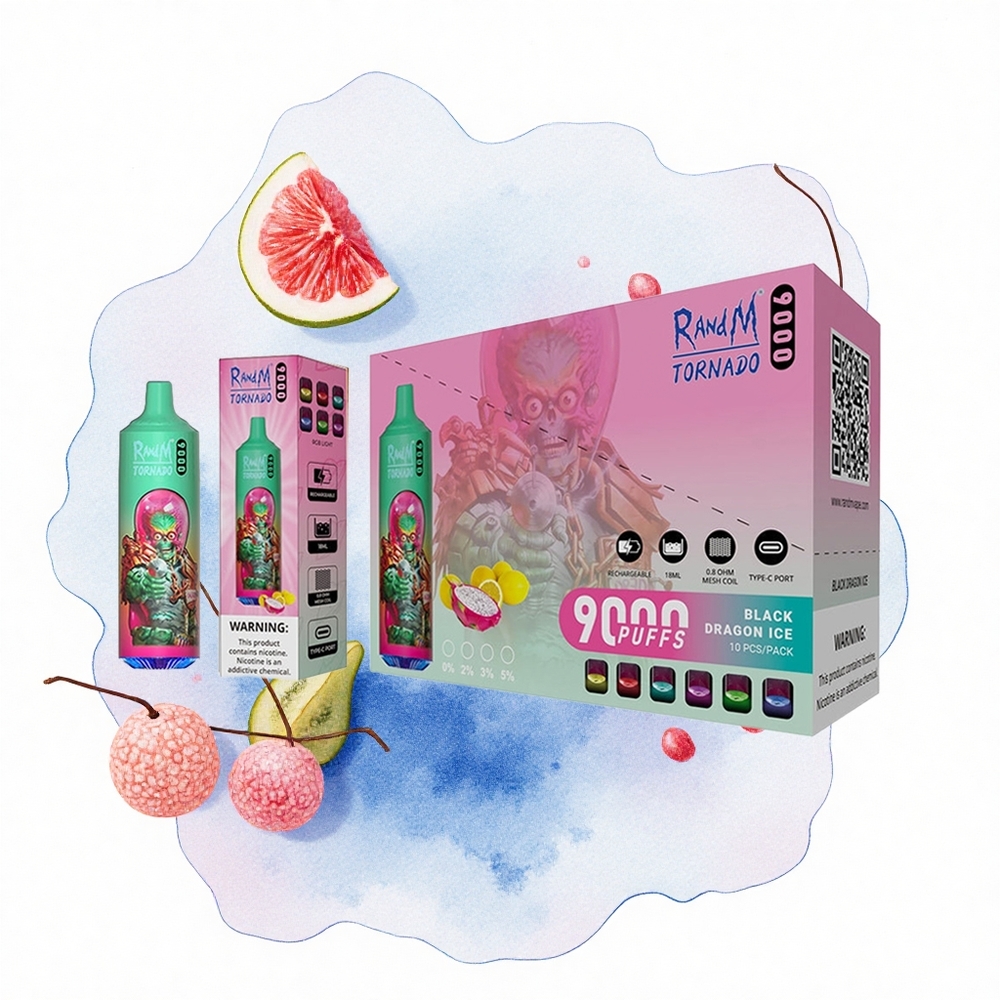 RandM Fumot Tornado 9000 Puffs Azul Frambuesa Kush con Pantalla RGB y Bobina Malla