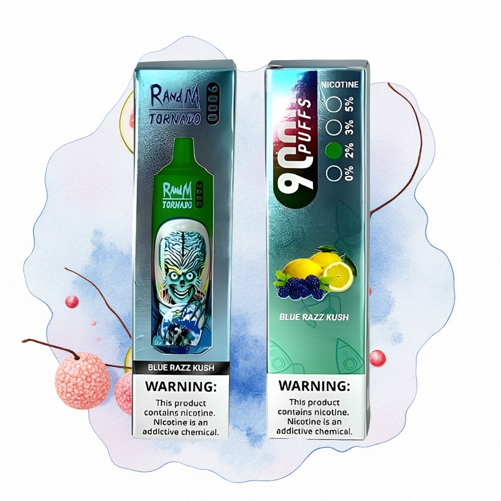 RandM Fumot Tornado 9000 Puffs Azul Frambuesa Kush con Pantalla RGB y Bobina Malla