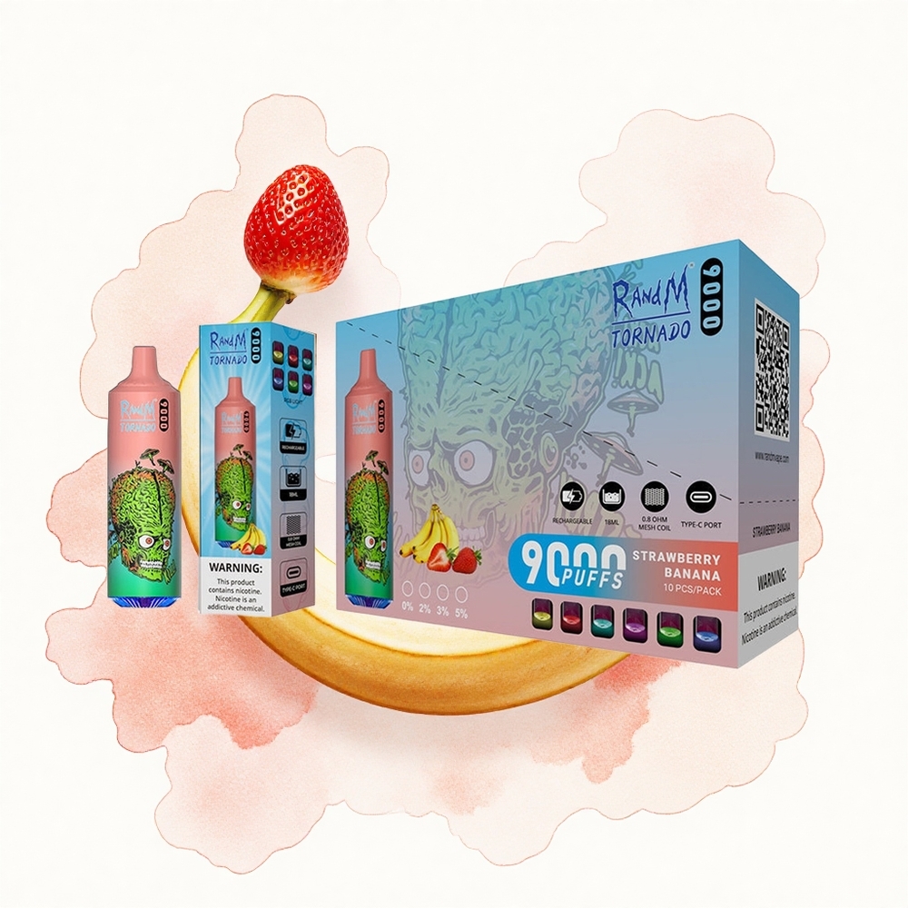 RandM Fumot Tornado 9000 Puffs Fresa Plátano con Malla RGB y 18 mL Recargable