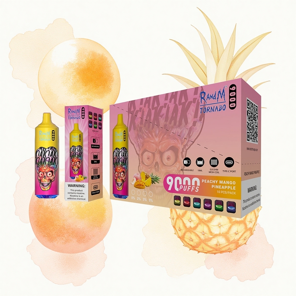 RandM Fumot Tornado 9000 Puffs Mango Piña Melocotón con Pantalla RGB y Bobina Malla
