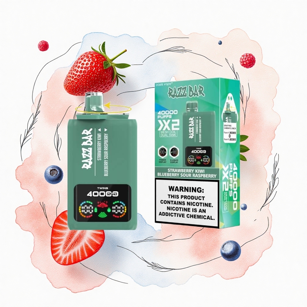 Razz Bar 40000 Puffs Fresa Kiwi - Arándano Frambuesa Ácida con Pantalla de Potencia y Doble Bobina Malla