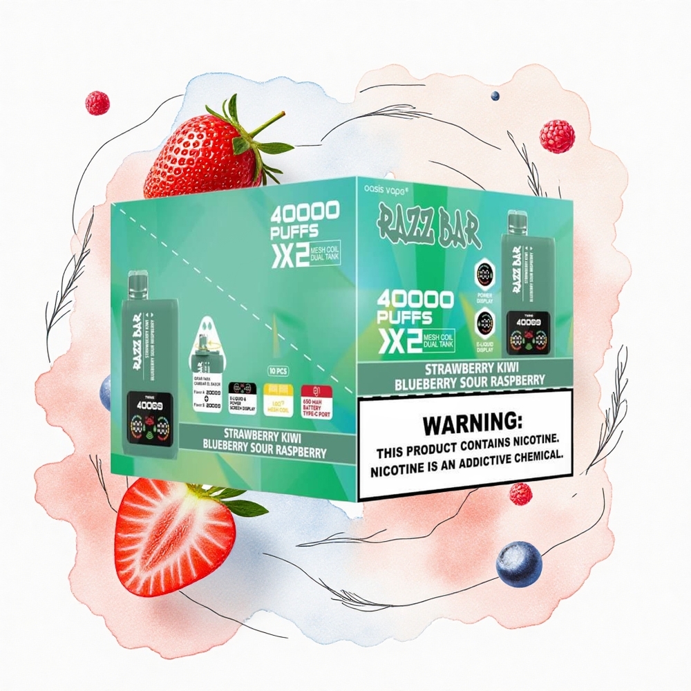 Razz Bar 40000 Puffs Fresa Kiwi - Arándano Frambuesa Ácida con Pantalla de Potencia y Doble Bobina Malla
