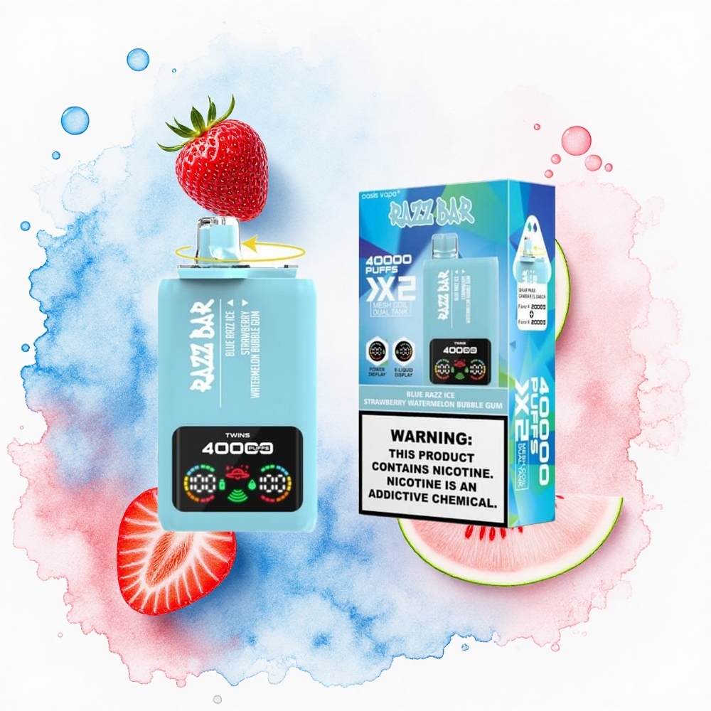 Razz Bar 40000 Puffs Fresa Sandía Chicle Burbuja Azul con Pantalla de Potencia y Doble Bobina Malla 1.0Ohm