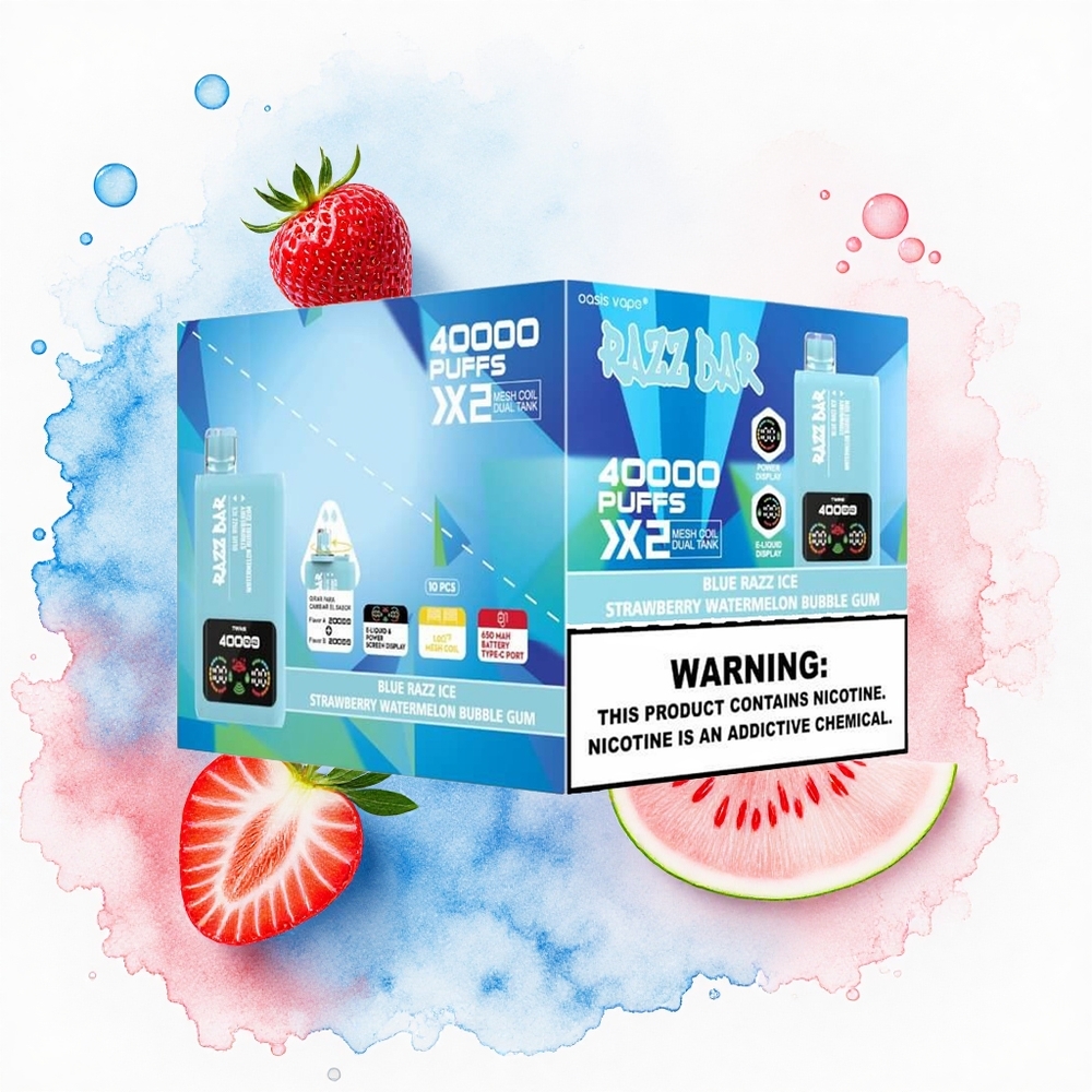 Razz Bar 40000 Puffs Fresa Sandía Chicle Burbuja Azul con Pantalla de Potencia y Doble Bobina Malla 1.0Ohm
