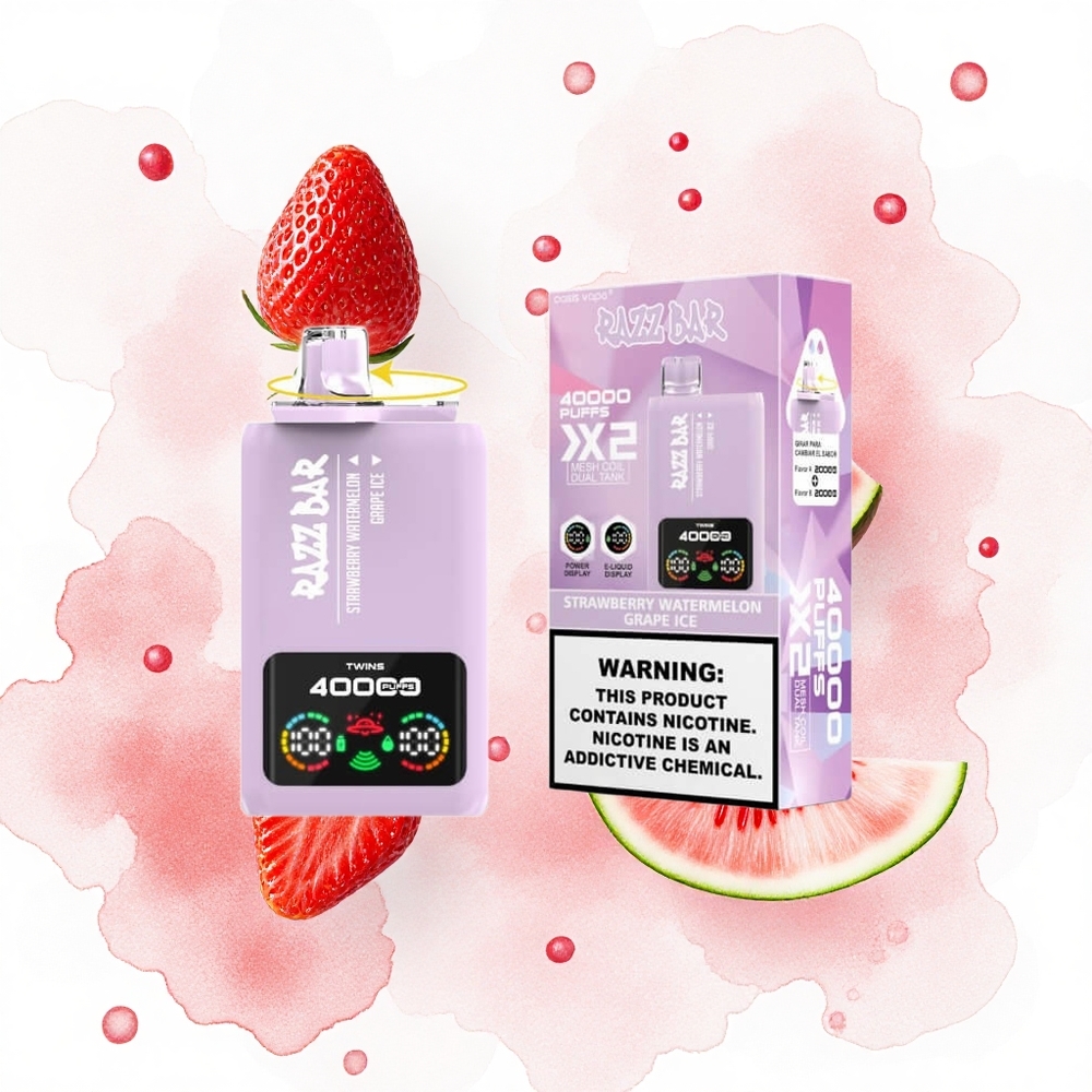 Razz Bar 40000 Puffs Fresa Sandía - Uva Helada con Pantalla de Potencia y Bobina Doble Malla