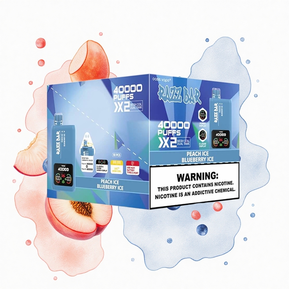 Razz Bar 40000 Puffs Melocotón Helado - Arándano Helado con Pantalla de Potencia y Bobina Doble Malla