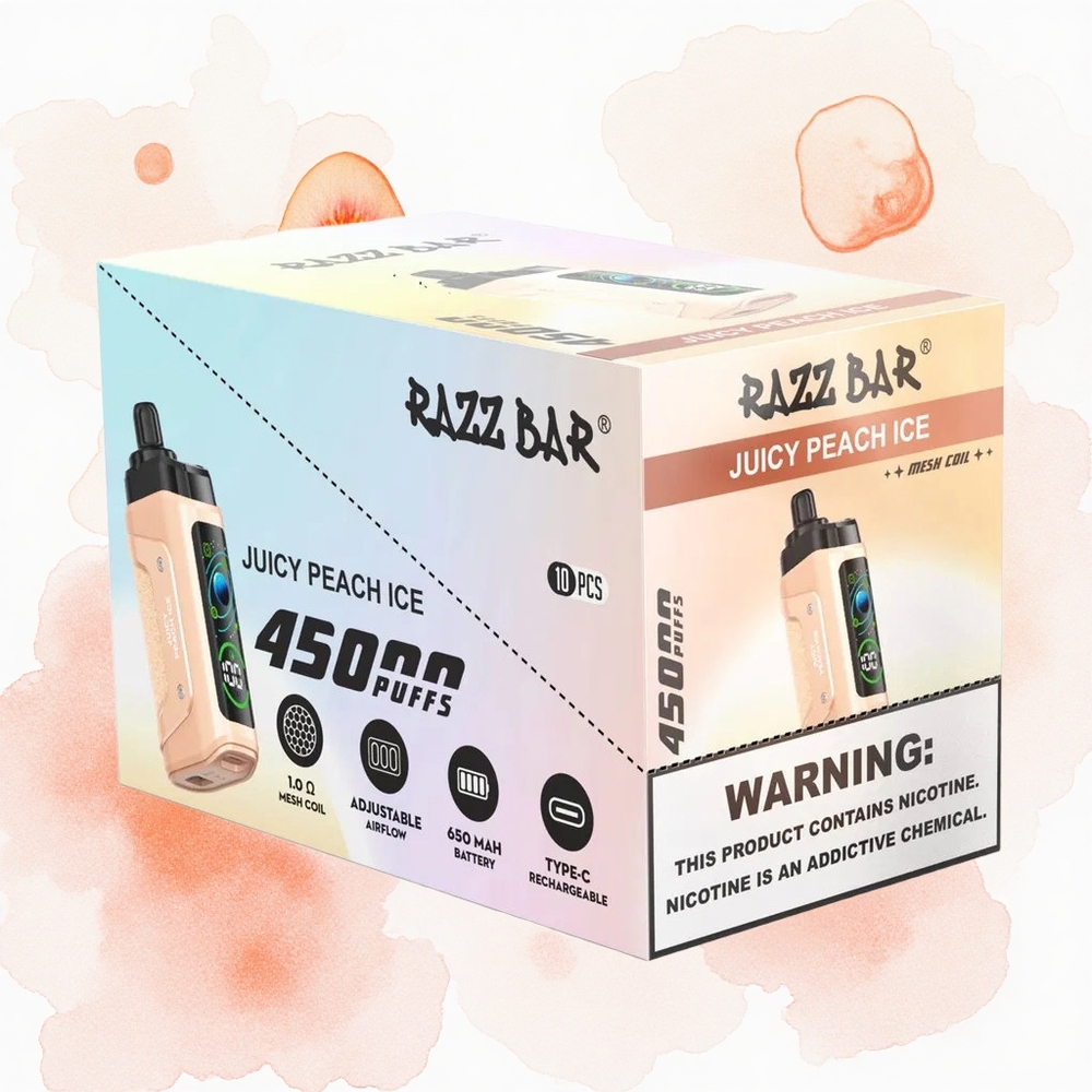 Razz Bar 45000 Puffs Melocotón Jugoso Hielo con Bobina de Malla 1.0 Ohm y Flujo de Aire Ajustable