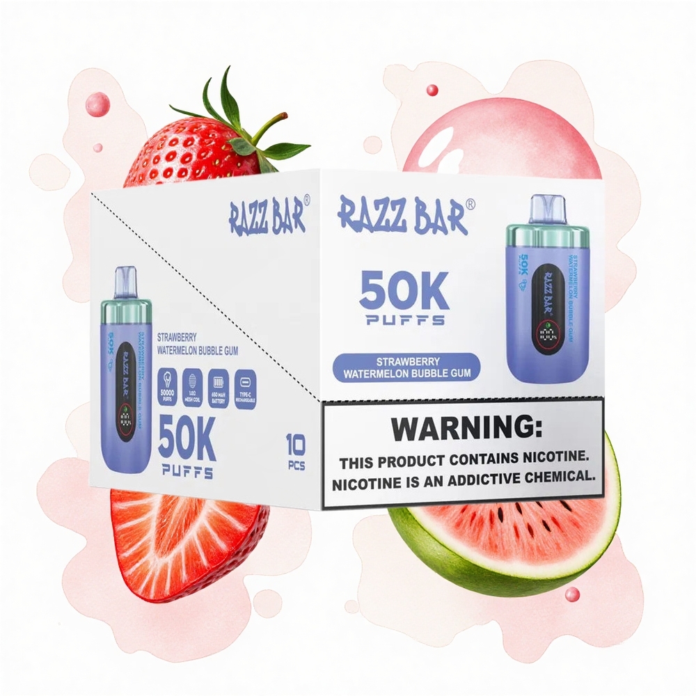 Razz Bar 50K Puffs Fresa Sandía Chicle Burbuja con Batería Recargable y 2% Nicotina